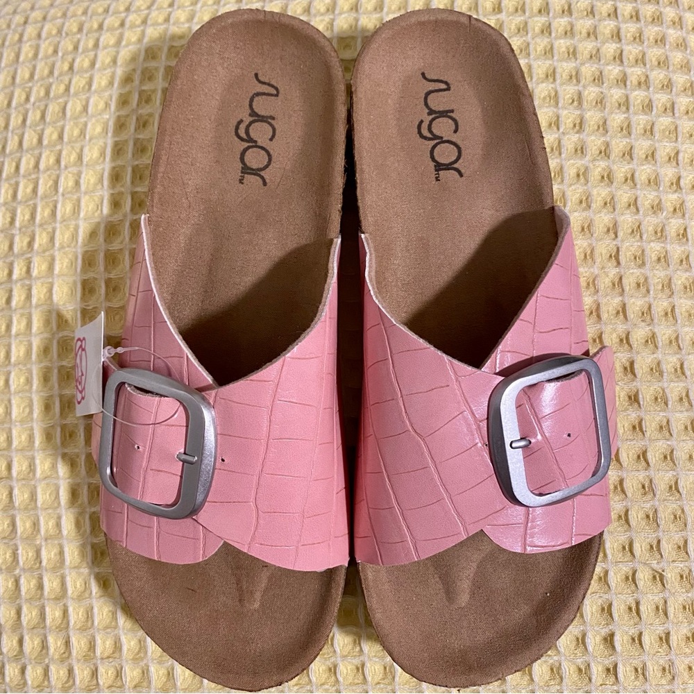 Sugar Pink Croc Zesty Cork Sole Buckle Slides Size 7 - Picture 2 of 10